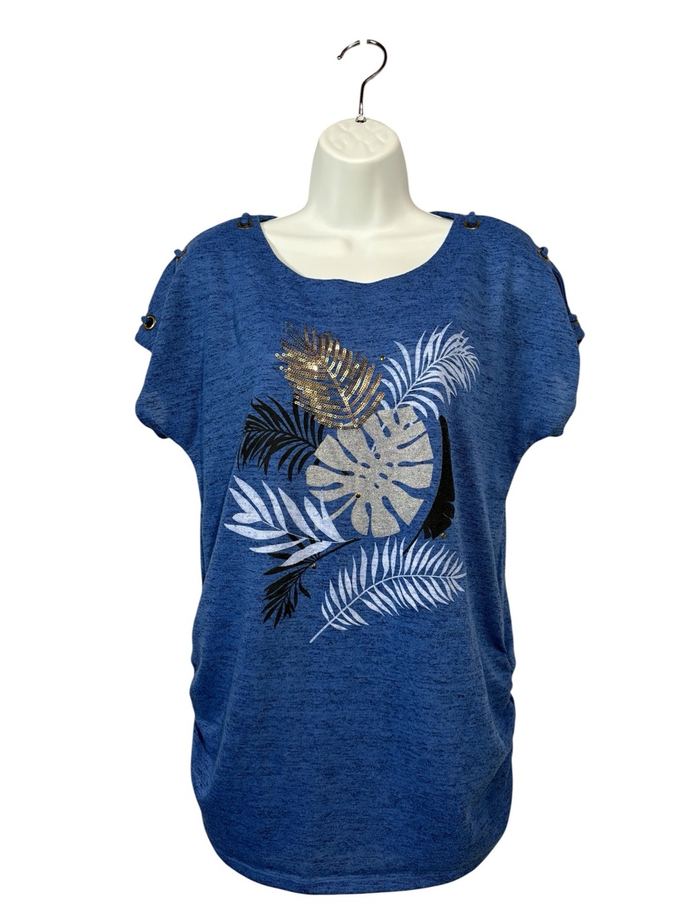 Lily Morgan, Blue Tropical Leaf Sequin Top Grommet Shoulder Stretch, Medium - Picture 4 of 9